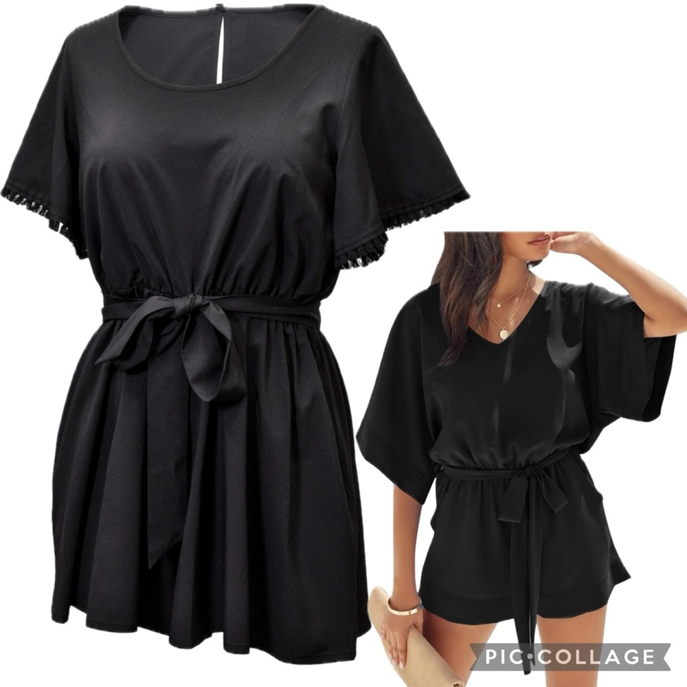 NWT Young USA Black Fringe Dolman Sleeve Keyhole Back Romper With Belt